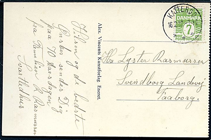 7 øre Bølgelinie på lokalt brevkort annulleret med brotype IIIc Katterød d. 16.2.1932 til Faaborg.