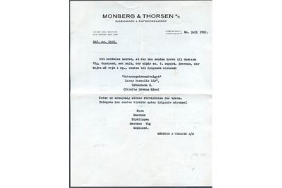 Skrivelse fra firmaet Monberg & Thorsen A/S i København d. 30.7.1952 vedr. postlejlighed med skib til blyminen i Mesters Vig i Østgrønland. Uden kuvert.