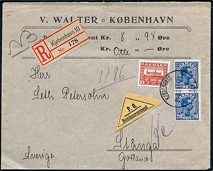 10 øre Genforening og 20 øre Chr. X i parstykke på anbefalet brev med postopkrævning fra Kjøbenhavn d. 31.3.1921 til Stånga, Gotland, Sverige.
