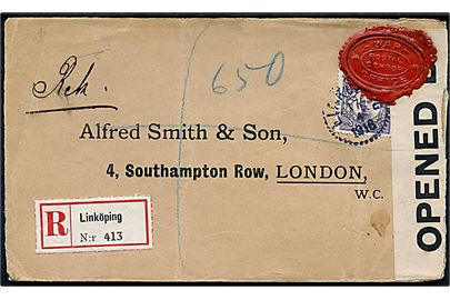 35 öre Gustaf single på anbefalet brev fra Linköping d. 17.4.1916 til London, England. Åbnet af britisk censur no. 755 med laksegl: WAR OFFICE / POSTAL CENSOR. Åbnet 3 sider.