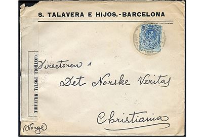 25 cts. Alfonso XIII på brev fra Barcelona annulleret med svagt stempel ca. 1915 til Christiania, Norge. Åbnet af fransk censur no. 11 i Dieppe.