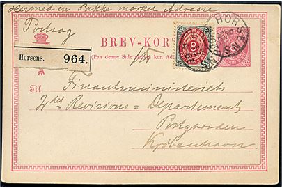 8 øre helsagsbrevkort opfrankeret med 8 øre Tofarvet påskrevet Postsag og anvendt som pakkefølgebrev fra Horsens postkontor med lapidar Horsens d. 9.12.1887 til Kjøbenhavn.