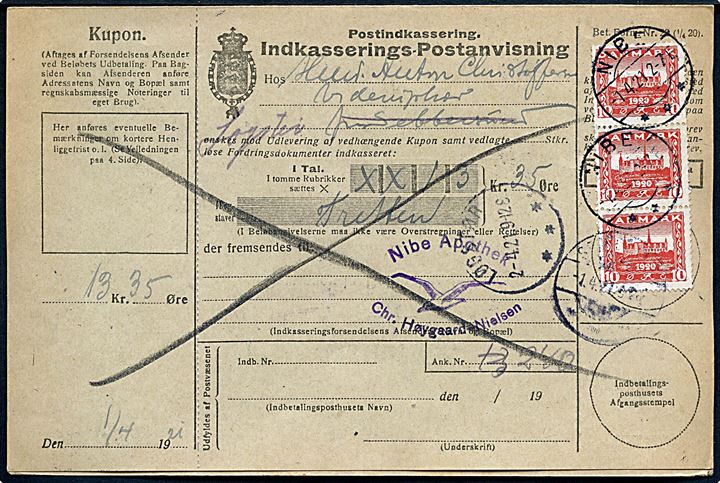 10 øre Genforening i lodret 3-stribe på retur Indkasserings-Postanvisning fra Nibe d. 1.4.1921 til Sebbesund.