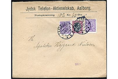 15 øre (2) og 50 øre Chr. X på brev med postopkrævning fra Jydsk Telefon-Aktieselskab i Aalborg d. 27.2.1922 til Nibe.