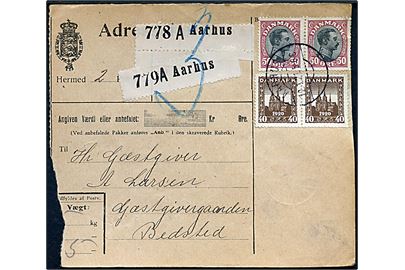40 øre Genforening (par) og 50 øre Chr. X (par) på adressekort for 2 pakker fra Aarhus d. 12.1.1921 til Bedsted.