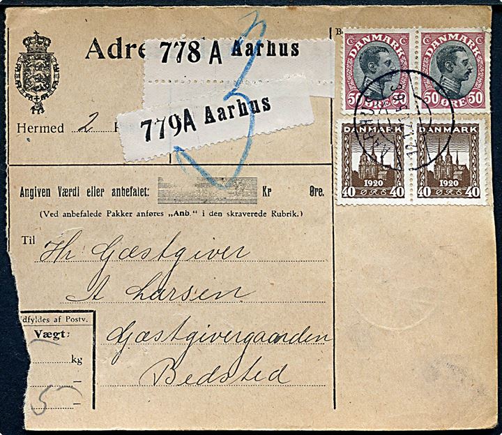 40 øre Genforening (par) og 50 øre Chr. X (par) på adressekort for 2 pakker fra Aarhus d. 12.1.1921 til Bedsted.