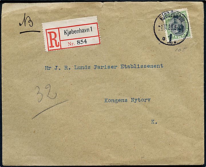 30 øre Chr. X single på lokalt anbefalet brev i Kjøbenhavn d. 1.10.1920.