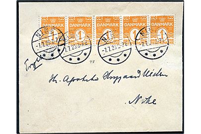 1 øre Bølgelinie i vandret 5-stribe på lokal tryksag i Nibe d. 7.7.1925.