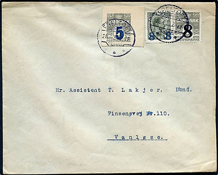 8/3 øre, 8/12 øre Provisorium og 5/3 øre helsagsafklip på brev fra Ebeltoft d. 26.6.1926 (?) til Vanløse.