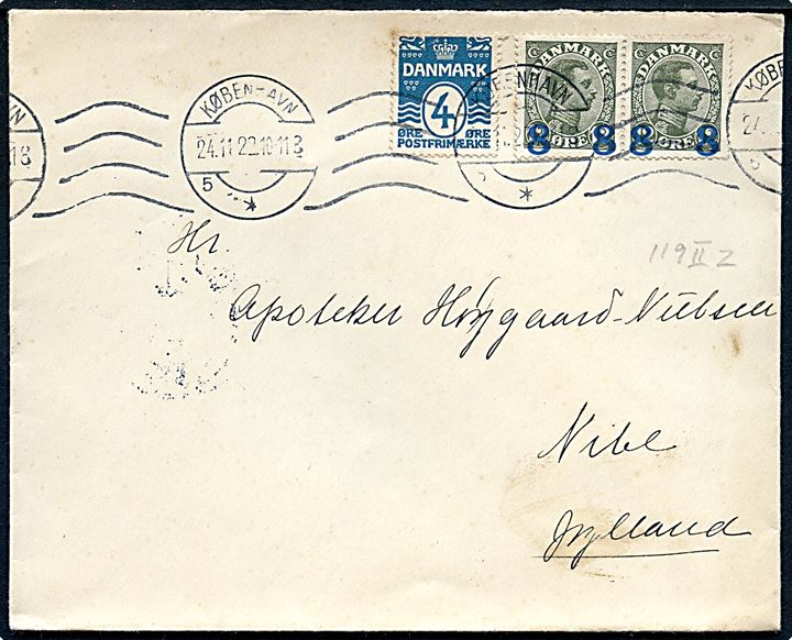 4 øre Bølgelinie og 8/12 øre Provisorium i parstykke - venstre mærke med variant Streg i Panden - på brev fra København d. 24.11.1922 til Nibe.
