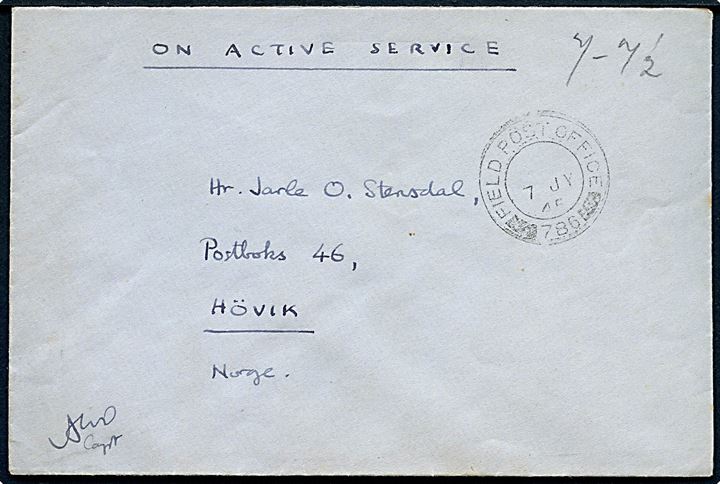 Ufrankeret O.A.S. feltpostbrev stemplet Field Post Office 786 (= Oslo, Norge) til Hövik, Norge. God indenrigs anvendelse.