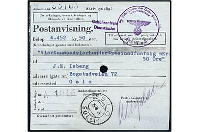 Ufrankeret postanvisning stemplet Gebührenfrei Dienstsache fra Der Befehlshaber der Ordnungspolizei sendt lokalt i Oslo d. 25.4.1945.