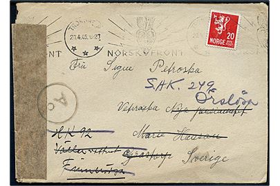 20 øre Løve på brev fra Trondheim d. 20.4.1945 til norsk flygtning i Grästorp, Sverige - eftersendt til flygtningeforlægninger HK 92 i Finnerödja og SAK 249 i Orslösa. Åbnet af tysk censur i Oslo.