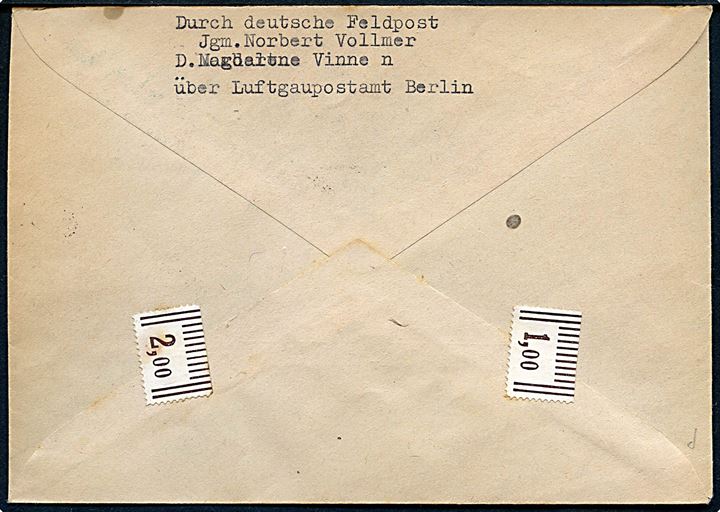 24+10 pfg. Velgørenhed på brev mærket Durch Deutsche Feldpost annulleret Feldpost a 765 (= Hammerfest ?) d. 14.8.1944 til Eschwege, Tyskland. Sendt fra sømand ombord på tysk handelsskib S/S Magdalene Vinnen über Luftgaupostamt Berlin.