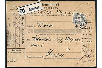 50 öre Gustaf single på adressekort for pakke med bøger fra Östersund d. 17.4.1914 til soldat i Umeå. Fold.