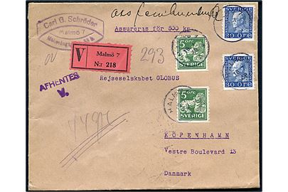 5 öre Løve (2) og 30 öre Gustaf (2) på værdibrev fra Malmö d. 18.7.1930 til København, Danmark.