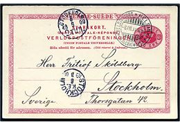10 øre svardel af dobbelt helsagsbrevkort annulleret med 3-sproget stempel i Helsingfors d. 6.8.1900 til Stockholm, Sverige.