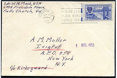 Amerikansk 3 cents på brev fra Washington D.C. d. 24.11.1952 til Ivigtut via amerikansk feltpost A.P.O. 858 (= Narsarssuaq Air Base). 