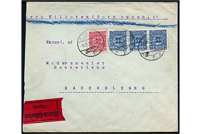 10 pfg. og 20 pfg. (3) Fælles udg. på ekspresbrev fra Flensburg d. 5.2.1920 til Haderslev. Afkortet i venstre side.