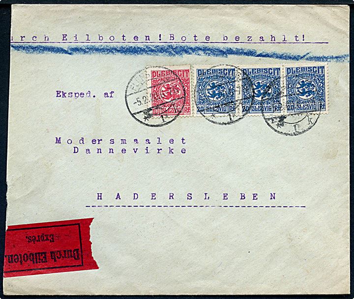 10 pfg. og 20 pfg. (3) Fælles udg. på ekspresbrev fra Flensburg d. 5.2.1920 til Haderslev. Afkortet i venstre side.