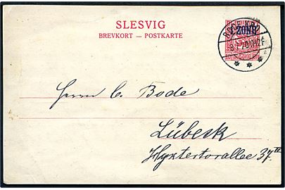 10 øre 1. Zone helsagsbrevkort annulleret med brotype IIb Røde Kro sn2 d. 8.7.1920 til Lübeck, Tyskland.
