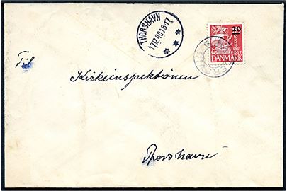 20/15 øre Provisorium på brev annulleret med udslebet stjernestempel HALDERSVIG og sidestemplet Thorshavn d. 17.12.1940 til Thorshavn.