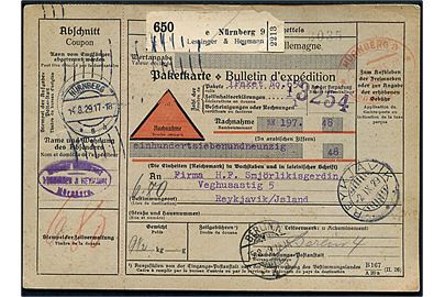 Ufrankeret internationalt adressekort for pakke med postopkrævning med ovalt rødt stempel Nürnberg 9 Gebühr Bezahlt d. 14.8.1929 via Berlin og Kjøbenhavn til Reykjavik, Island. Ank.stemplet i Reykjavik d. 2.9.1929.