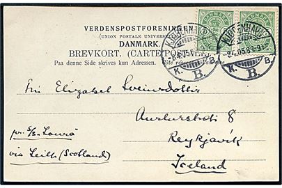 5 øre Våben i parstykke på brevkort fra Kjøbenhavn d. 8.4.1905 til Reykjavik, Island. Ank.stemplet i Reykjavik d. 16.4.1905. Påskrevet: pr S/S Laura via Leith (Scotland).