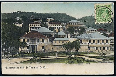 5 bit Fr. VIII på billedside af brevkort (Gouvernment Hill, St. Thomas) stemplet St. Thomas d. 22.5.1909 til sømand ombord på Italian ship Calabria, St. Thomas, DWI.