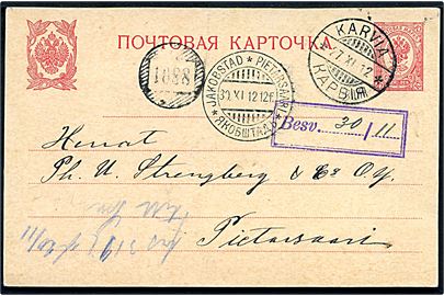 10 pen. helsagsbrevkort annulleret med 2-sproget stempel i Karvia d. 27.11.1912 og sidestemplet med nr.stempel 1088 til Jakobstad.