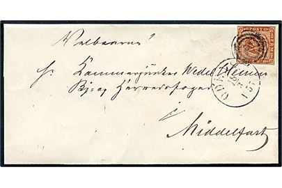 4 sk. 1854 udg. på brev annulleret med nr.stempel 51 og sidestemplet antiqua Odense d. 18.3.1855 til Kammerjunker Wedel Heinen By- og Herredsfoged i Middelfart.
