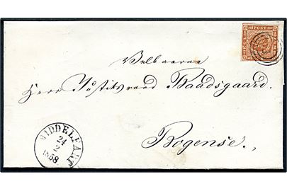 4 sk. 1854 udg. på brev annulleret med nr.stempel 42 og sidestemplet antiqua Middelfart d. 24.2.1858 til Justitsraad Baadsgaard i Bogense.