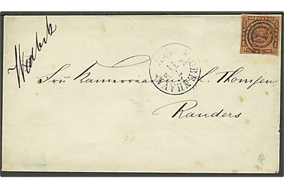 4 sk. 1858 udg. på dampsskibsbrev annulleret med nr.stempel “1” og sidestemplet Kjøbenhavn d. 7.11. ca. 1858, samt håndskrevet bynavn Wedbek til Randers.