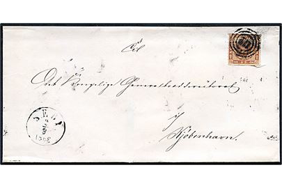 4 sk. stukken kant på brev annulleret med nr.stempel 112 og sidestemplet antiqua Sæby d. 2.8.1863 via Aalborg til Kjøbenhavn. Sæby stempel med både måned og sidste ciffer i årstal omvendt.