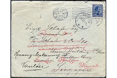 30 øre Chr. X på brev fra København d. 16.11.1926 til Singapore - eftersendt til Brønshøj og siden Vanløse. 
