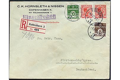 5 øre, 10 øre Bølgelinie og 20 øre Chr. X (2) på anbefalet brev fra Kjøbenhavn d. 4.9.1925 til Fürstenwalde, Tyskland.
