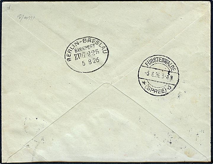 5 øre, 10 øre Bølgelinie og 20 øre Chr. X (2) på anbefalet brev fra Kjøbenhavn d. 4.9.1925 til Fürstenwalde, Tyskland.