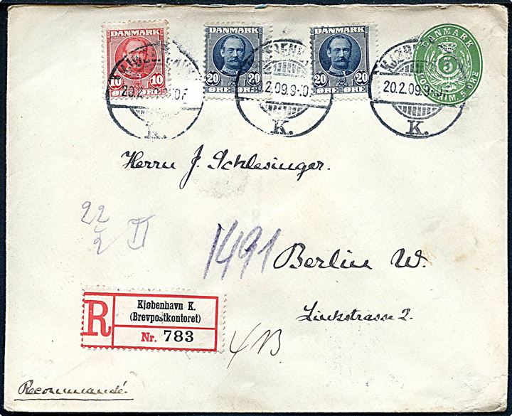 5 øre helsagskuvert opfrankeret med 10 øre og 20 øre (2) Fr. VIII og sendt som 2. vægtkl. anbefalet brev fra Kjøbenhavn d. 20.2.1909 til Berlin, Tyskland.