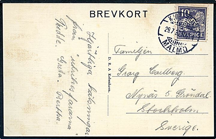 10 öre Løve på brevkort (Jernbanefærgen Prins Christian) annulleret med sejlende bureaustempel Kjøbenhavn - Malmø Post 4 d. 29.7.1932 til Stockholm, Sverige.