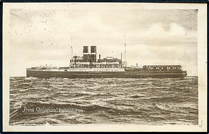 10 öre Løve på brevkort (Jernbanefærgen Prins Christian) annulleret med sejlende bureaustempel Kjøbenhavn - Malmø Post 4 d. 29.7.1932 til Stockholm, Sverige.