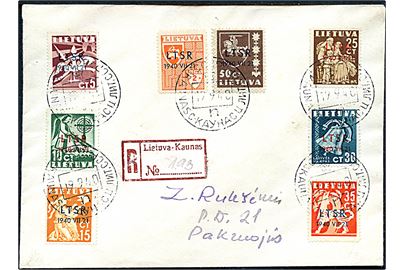 Komplet sæt russisk besættelse LTSR 1940 VII 21 udg. på anbefalet brev annulleret med 2-sproget stempel i Kaunas d. 19.9.1940 til Pakruojis.