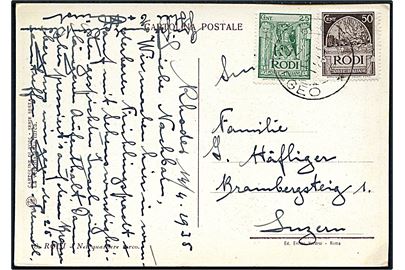 Rodi. 25 c. og 50 c. på brevkort stemplet Rodi Egeo d. 17.4.1935 til Luzern, Schweiz.