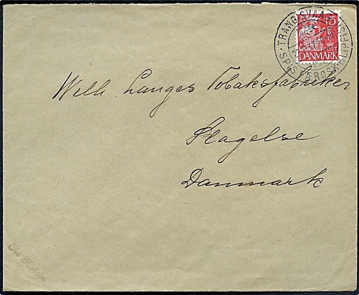15 øre Karavel på brev annulleret med klipfiskstempel i Trangisvaag d. 29.11.1937 til Slagelse.