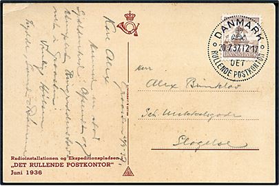 10+5 øre Dybbøl Mølle på brevkort dateret Graasten annulleret med særstempel Danmark * Det Rullende Postkontor * d. 20.7.1937 til Slagelse. Det rullende Postkontor var opstillet i Graasten i dagene 19.-20.7.1937 i forbindelse med Ringriderfest.