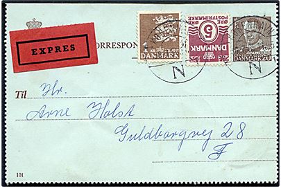 20 øre Fr. IX helsagskorrespondancekort (fabr. 101) opfrankeret med 5 øre Bølgelinie og 1 kr. Rigsvåben sendt som lokalt ekspresbrev i København d. 30.7.1955.
