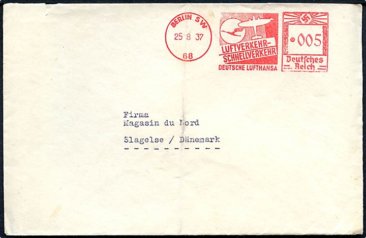 5 pfg. Deutsche Lufthansa firmafranko på tryksag fra Berlin d. 25.8.1937 til Slagelse, Danmark.