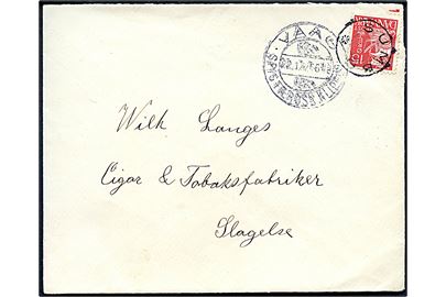 15 øre Karavel på brev annulleret med udslebet stjernestempel SUMBØ og sidestemplet med klipfiskstempel Vaag d. 22.11.1937 til Slagelse.