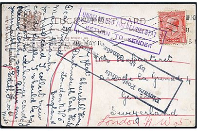 1d George V på brevkort fra Up Holloway d. 15.5.1918 til Geneva, Schweiz. Returneret med rammestempel: Picture Post-cards are Returned by the Censor..