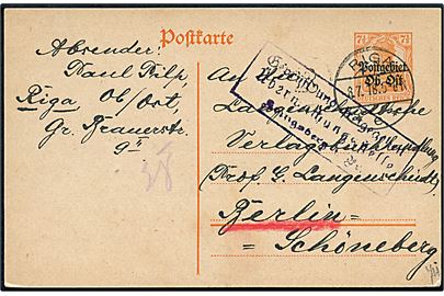 7½ pfg. Postgebiet Ob. Ost helsagsbrevkort stemplet Riga d. 8.7.1918 til Berlin, Tyskland. Tysk censur fra Königsberg.
