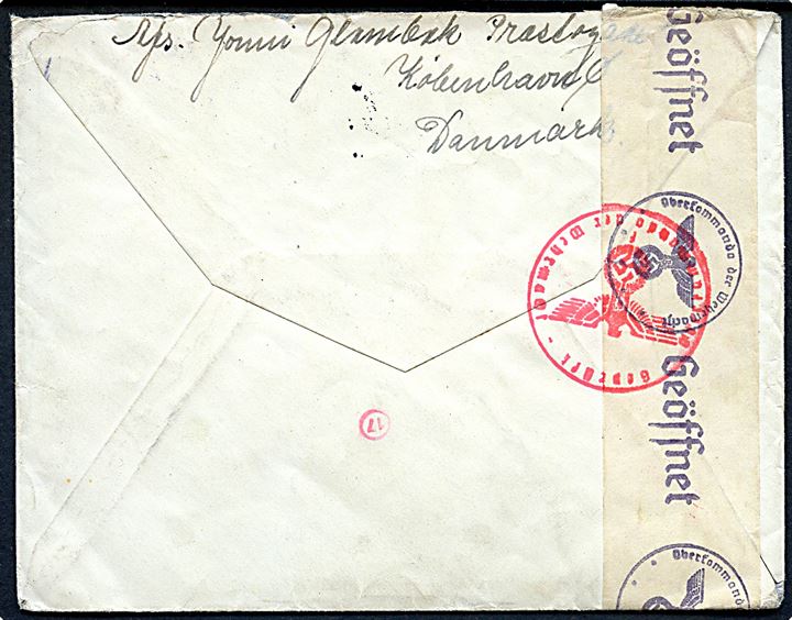 10 øre Bølgelinie og 15 øre Karavel (2) på brev fra København d. 14.11.1941 til soldat ved 1/N.E.A. 20 (= Nachrichten-Ersatz-Abteilungen 20) i Hamburg, Tyskland. Åbnet af tysk censur i Hamburg.